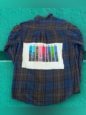 Dark Plaid Flannel Shirt with Colorful Demon Slayer Patch